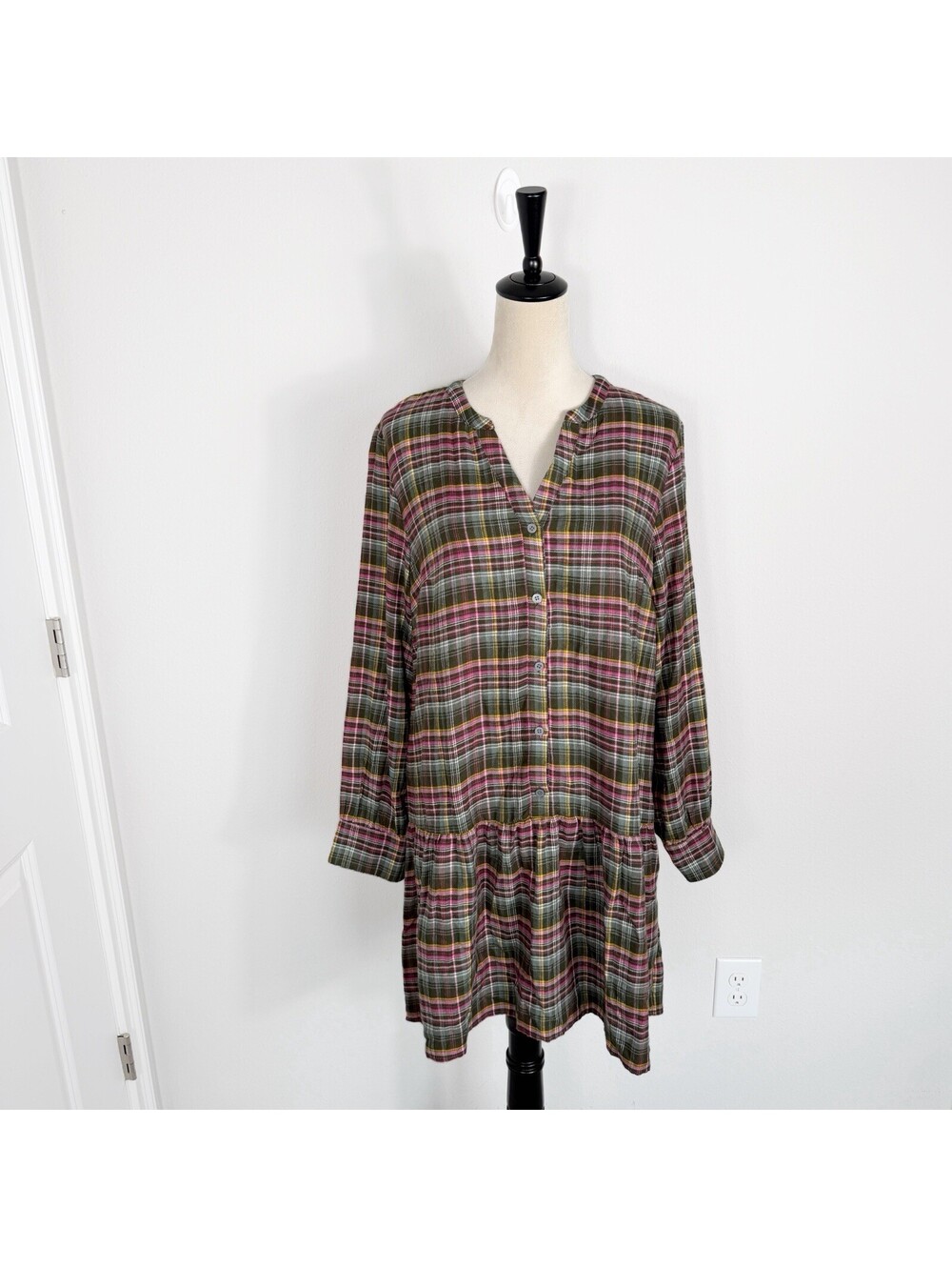NWT Ann Taylor LOFT Plaid Flounce Shirt Dress Size Medium Wild Moss Green Fall